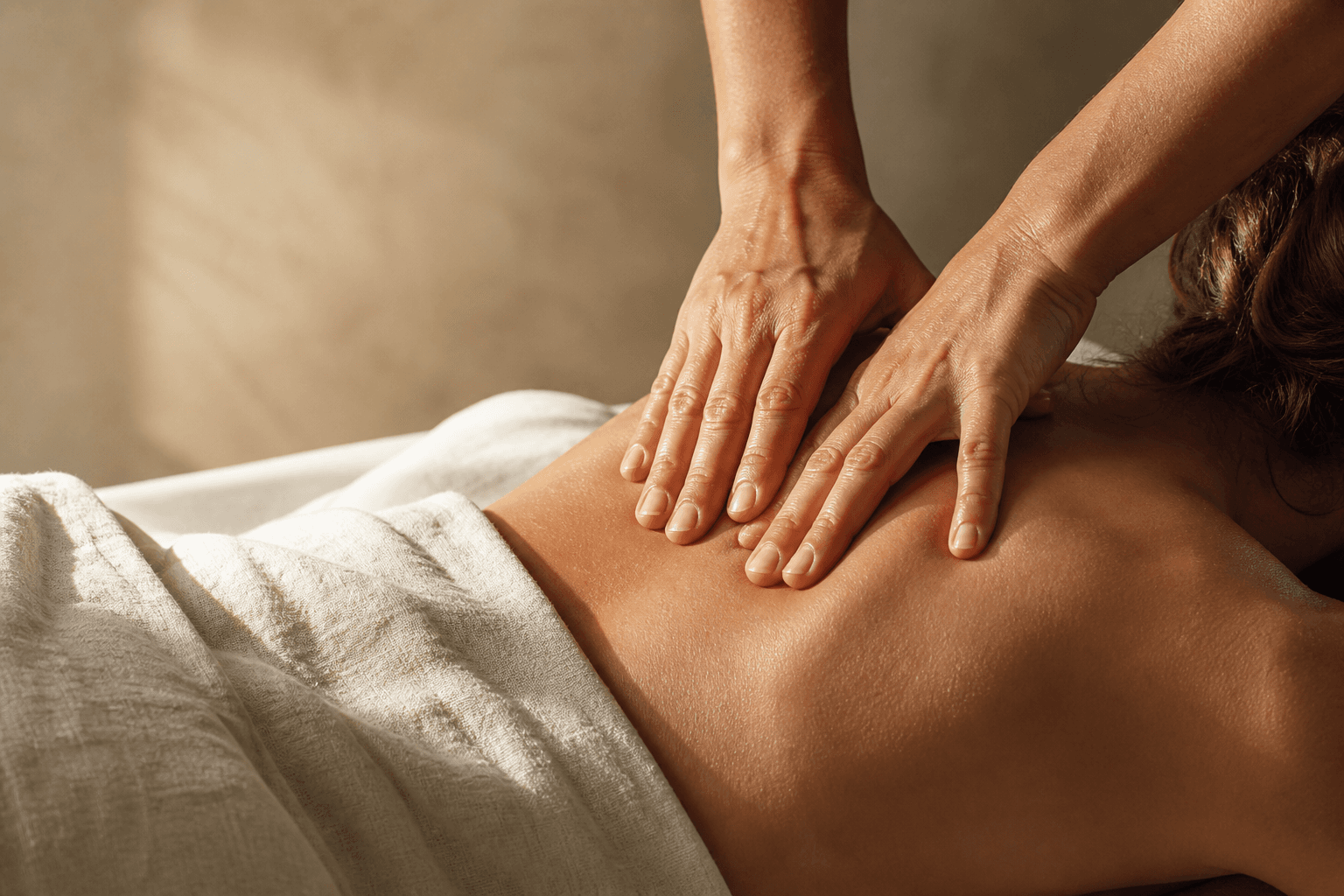 Therapist applying calm pressure during a back massage